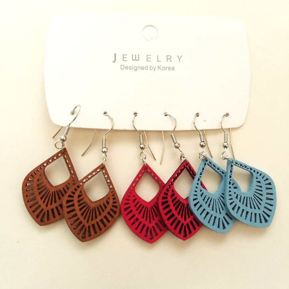 Ornate Wood Earrings 3pr Hollow Cut out Boho Dangle Carved Hippie Trendy Stylish - Picture 3 of 3